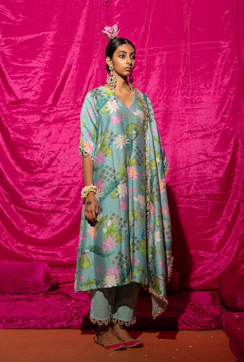 Mint Printed Long Kamli Kurta Set