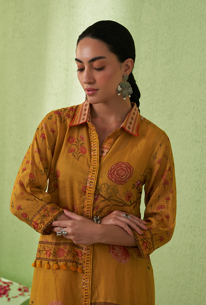 Mustard Printed Collar Tara Kurta Set