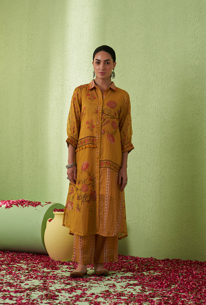 Mustard Printed Collar Tara Kurta Set