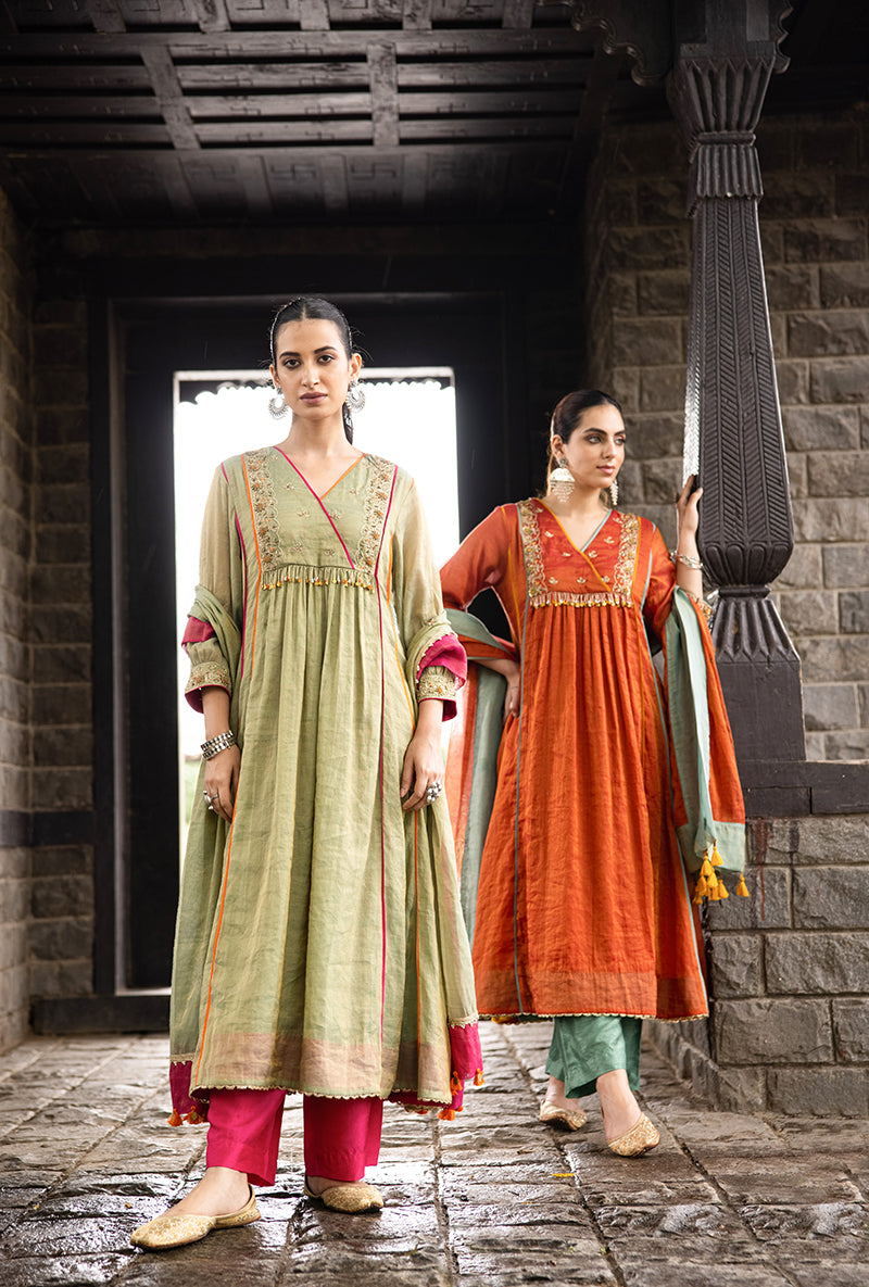Pista Green Overlapping Yoke Kalidar Surmayi Kurta Set
