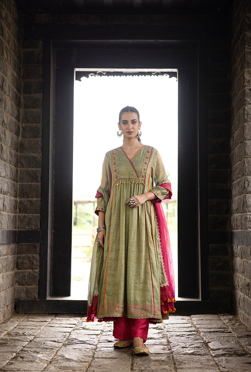 Pista Green Overlapping Yoke Kalidar Surmayi Kurta Set