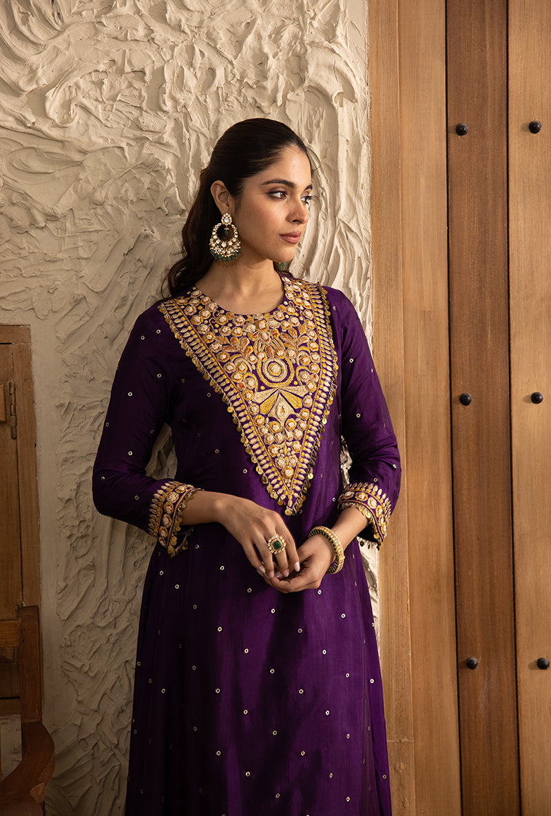 Purple Long Heavy Resham Yoke Masakali Kurta Set