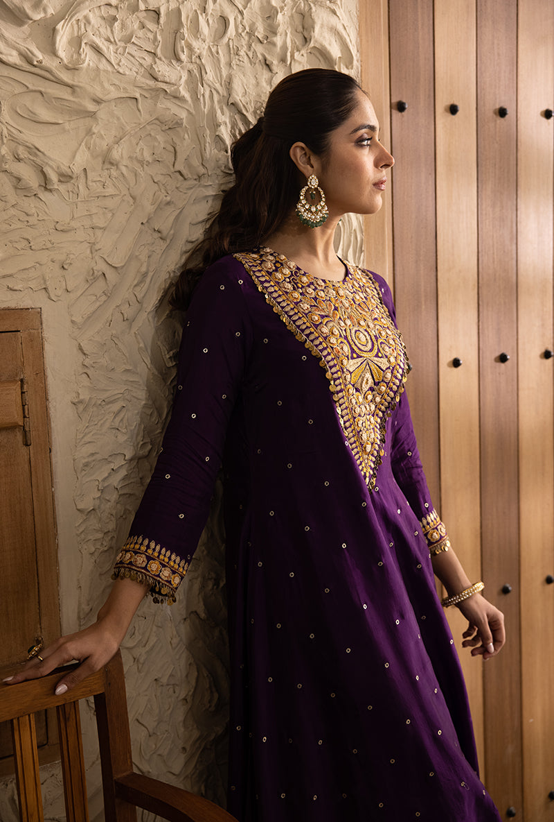 Purple Long Heavy Resham Yoke Masakali Kurta Set