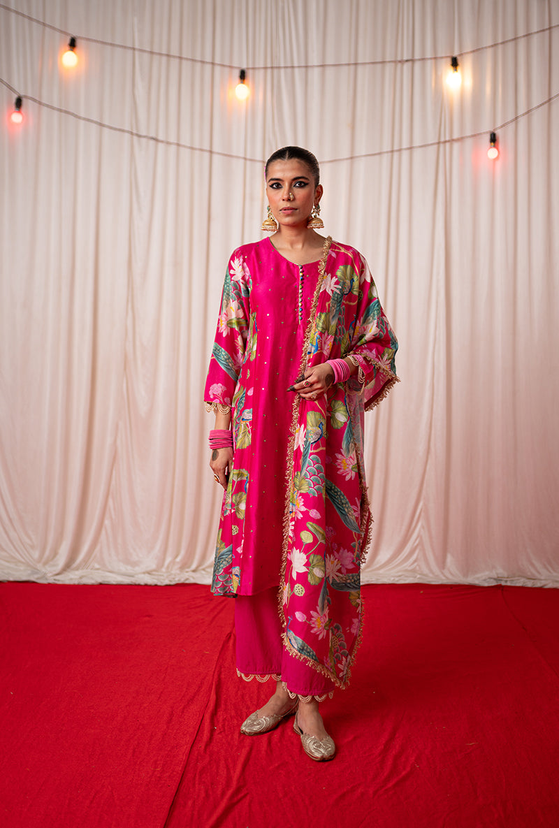 Rani Pink Printed Side Panel Kamli 2.0 Kurta Set