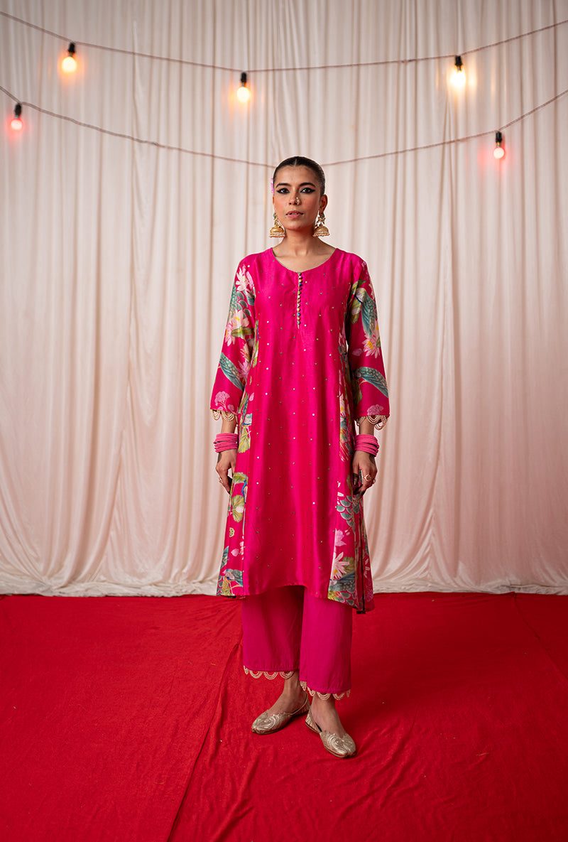 Rani Pink Printed Side Panel Kamli 2.0 Kurta Set