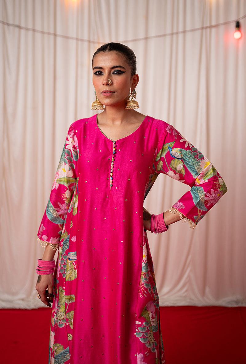 Rani Pink Printed Side Panel Kamli 2.0 Kurta Set