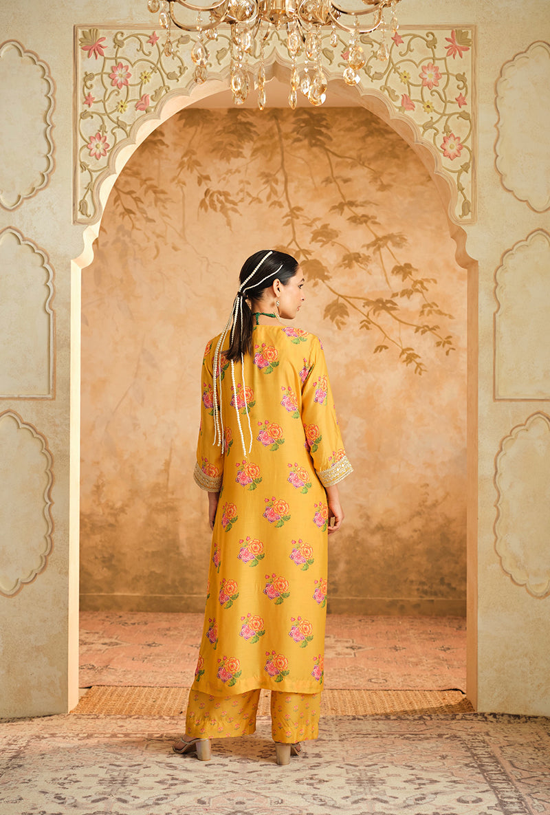 Yellow Butti Print A Line Goonj Kurta Set