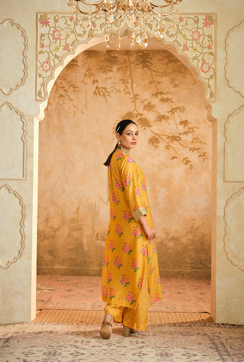 Yellow Butti Print A Line Goonj Kurta Set
