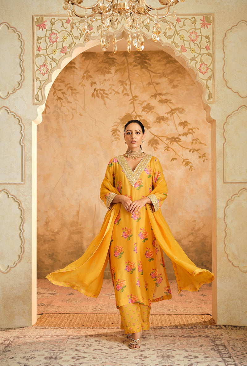 Yellow Butti Print A Line Goonj Kurta Set