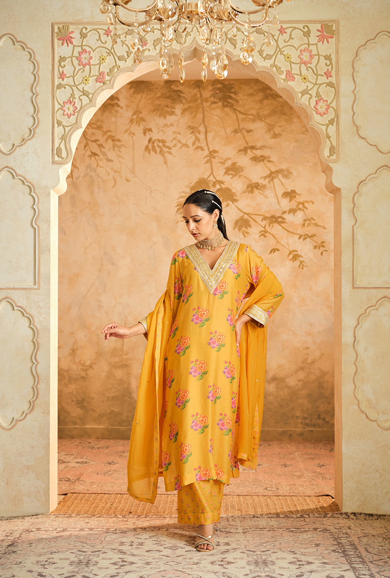 Yellow Butti Print A Line Goonj Kurta Set