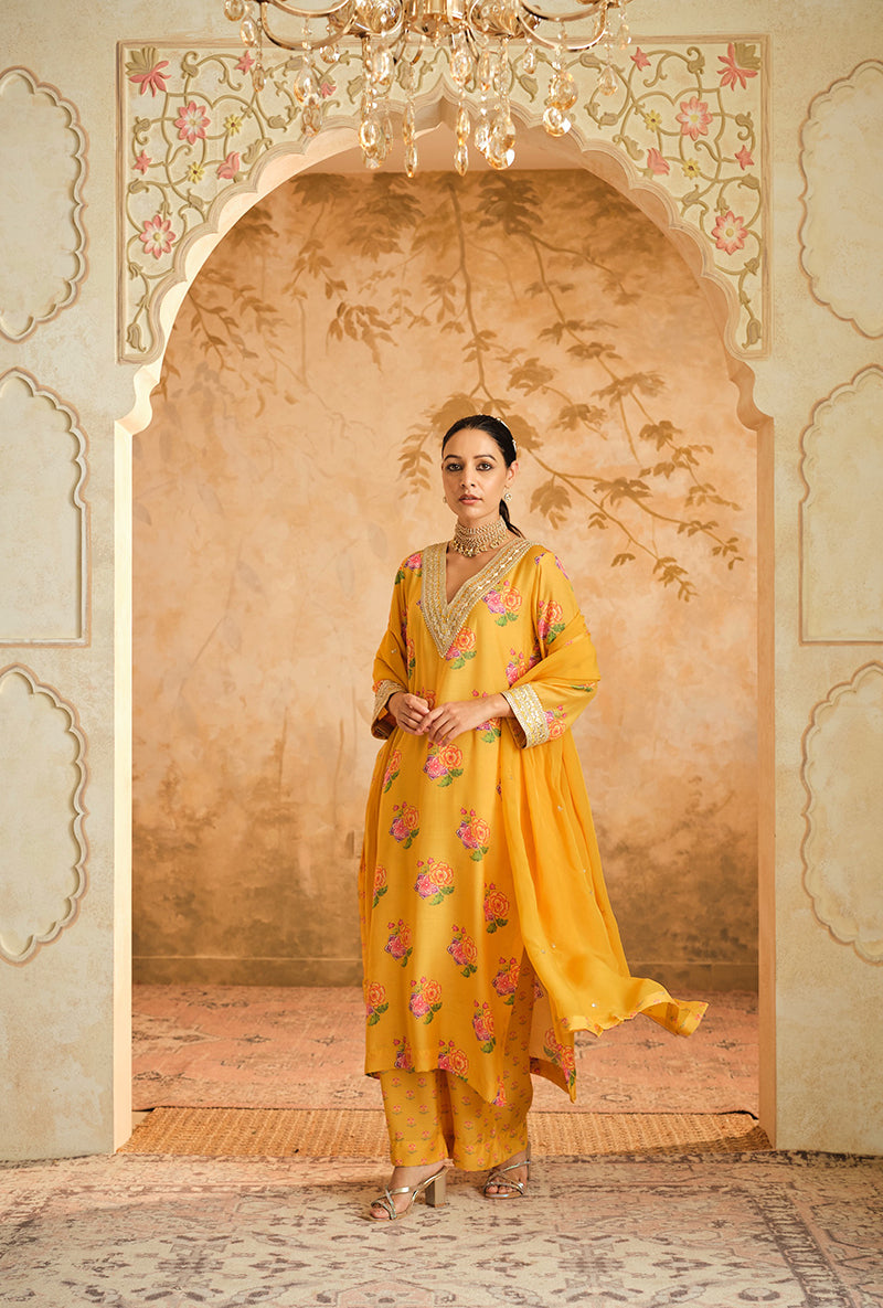 Yellow Butti Print A Line Goonj Kurta Set