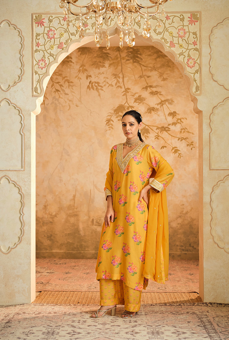 Yellow Butti Print A Line Goonj Kurta Set