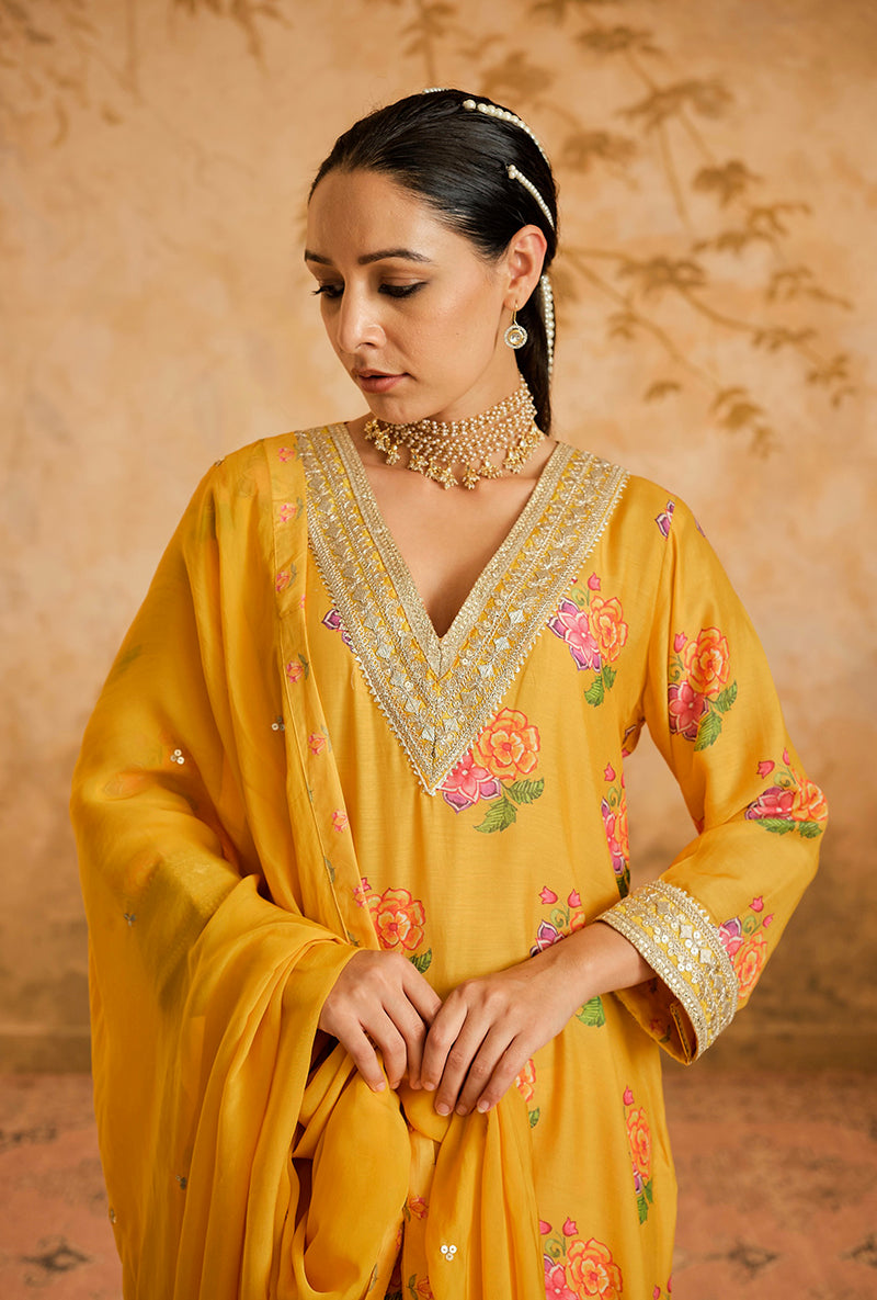 Yellow Butti Print A Line Goonj Kurta Set
