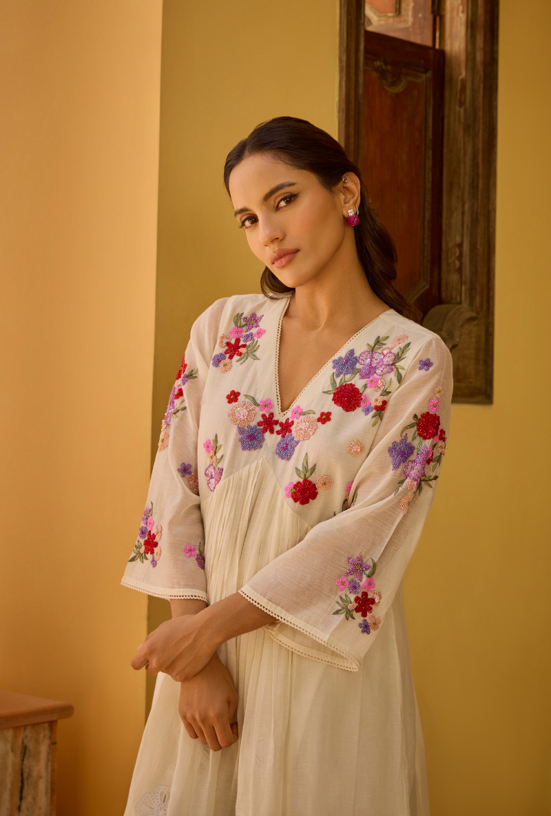 Ivory Hand Embroidered Kalidaar Anaardana Kurta Set