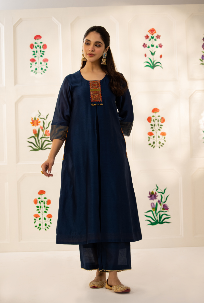 Blue Double Box Pleat Kishmish Kurta Set