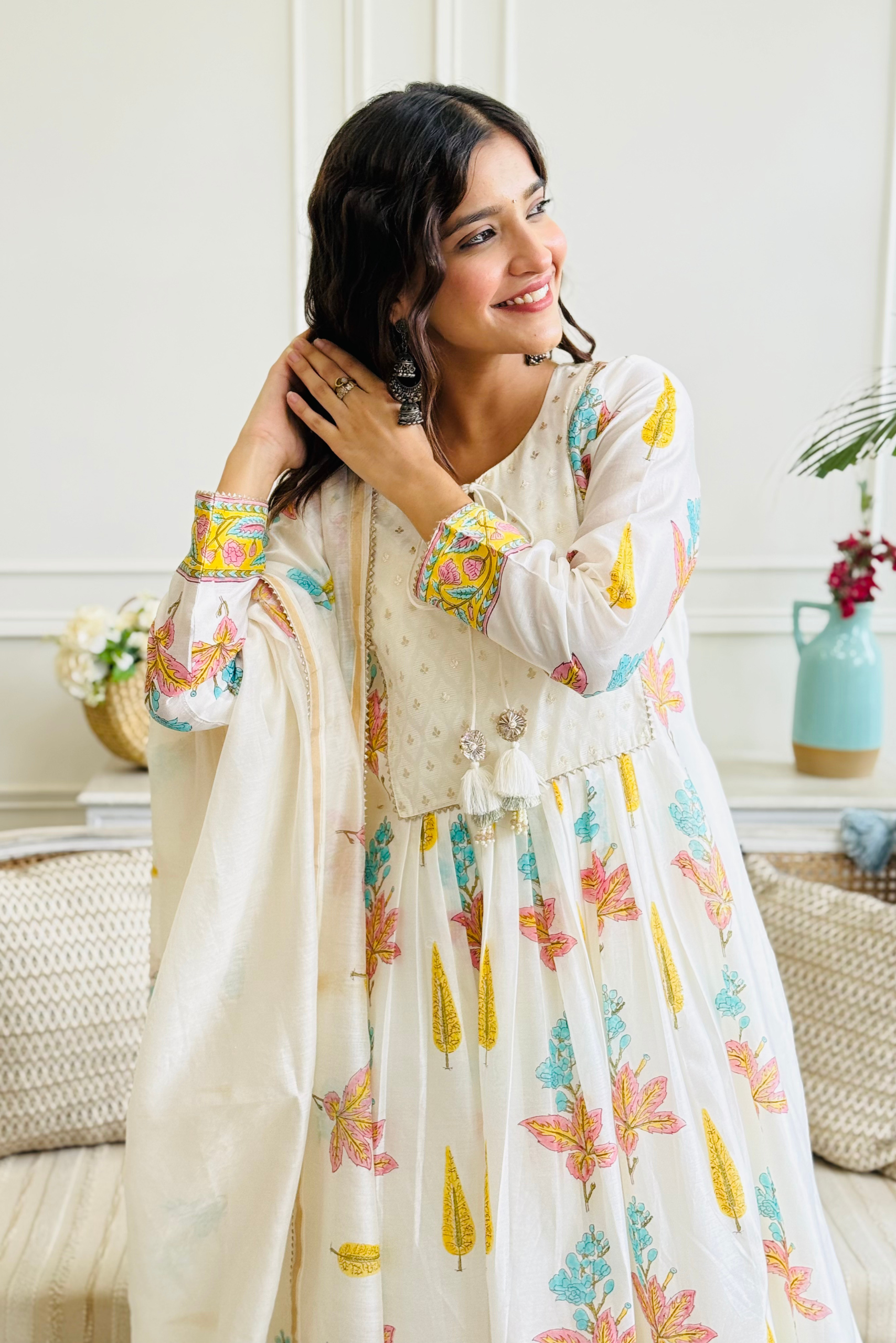 Varsha Rana in Off White Banarsi Buti Yoke Farah Anarkali Set