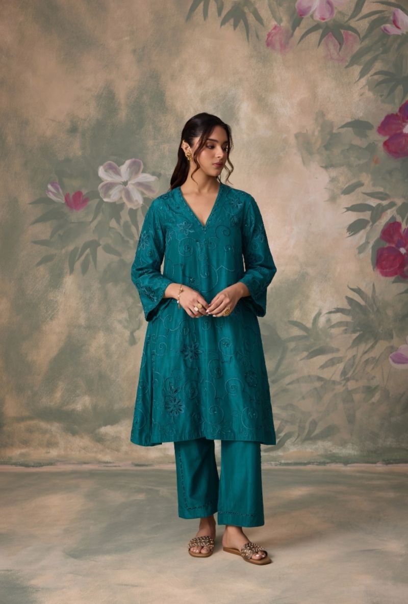 Teal Green All Over Thread Work Jalsa Kurta Set
