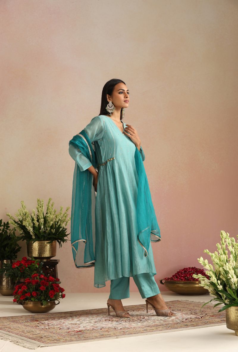 Ice Blue Zari And Dabka Work Itrh Kurta Set