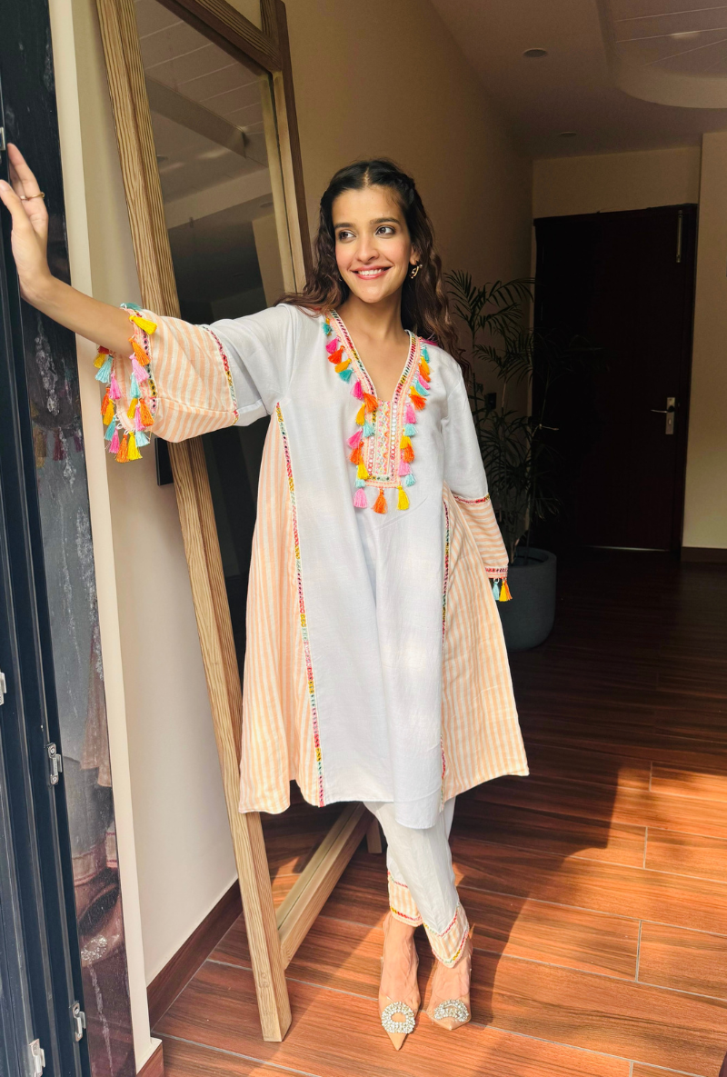 Varsha Rana in Soft Blue Colourful Tassel Kurta Set