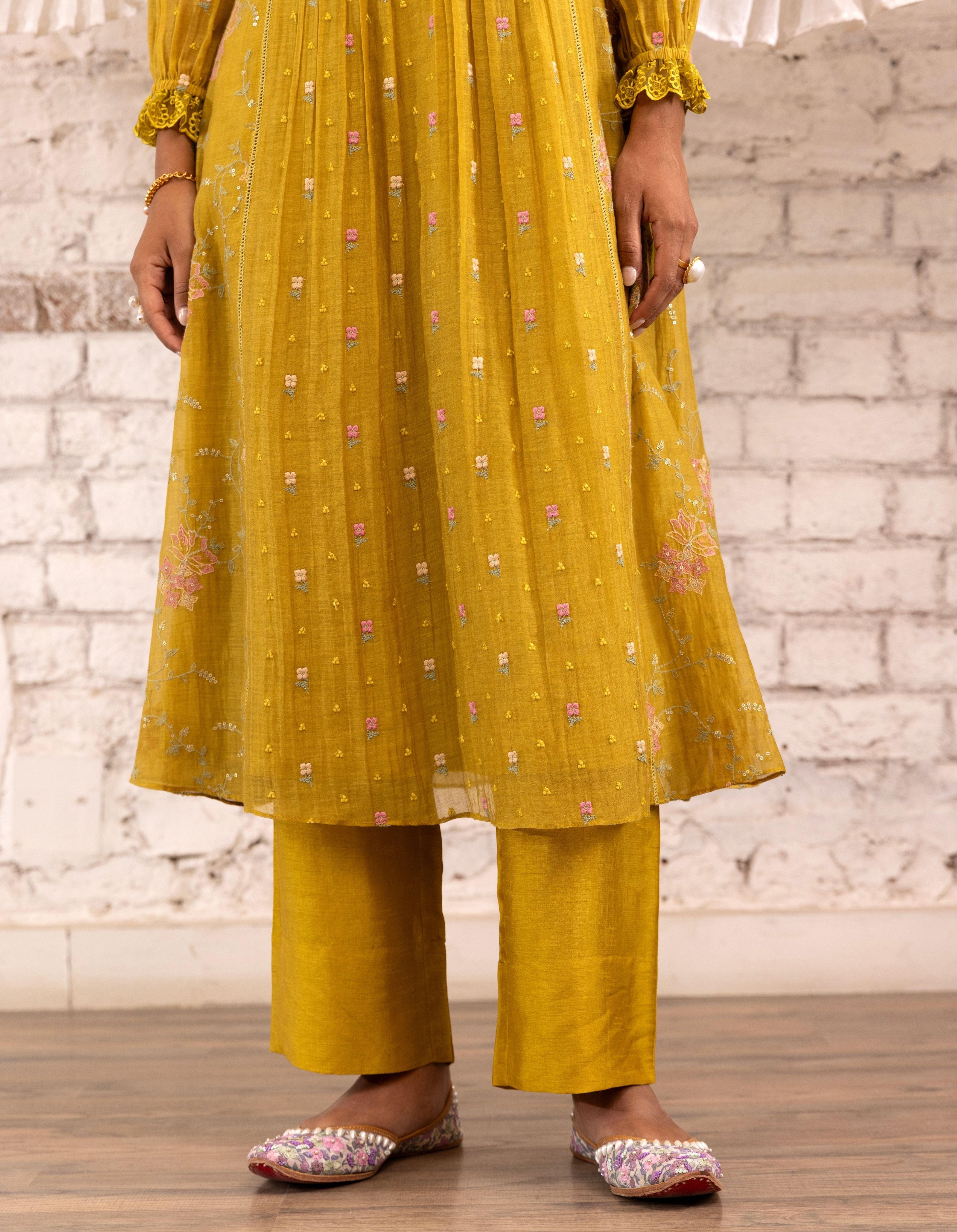 Mustard Threadwork Long Yoke Noor Kurta Set