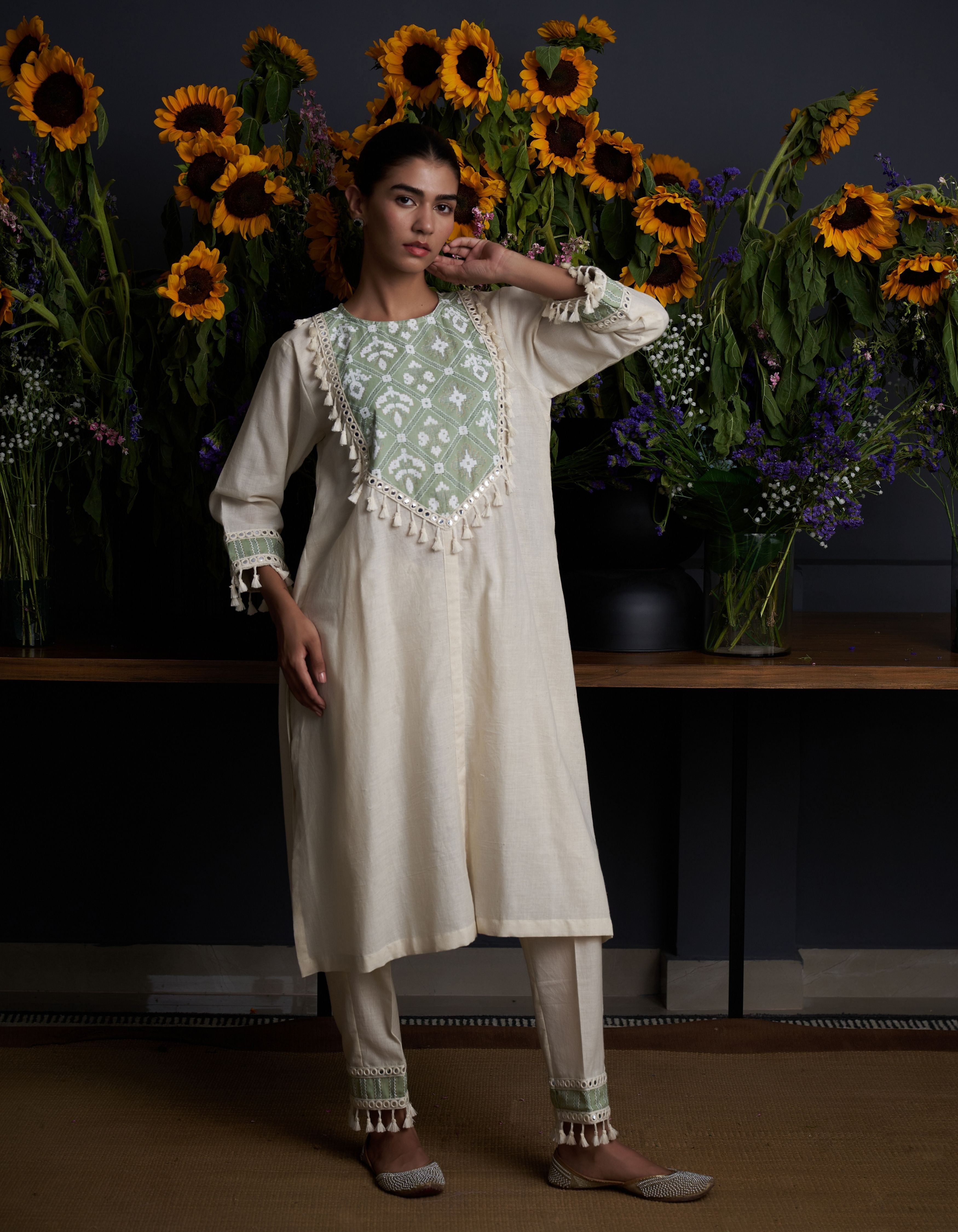 Beige Patterned Yoke Vedika Nadia Kurta Set