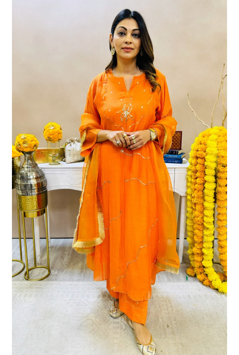 Meghna Nayyar In Orange Pitta Embroidery Dor Kurta Set