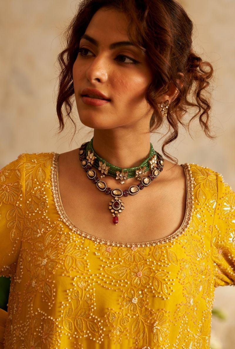 Mustard Pearl Embroidery Rumi Gharara Set
