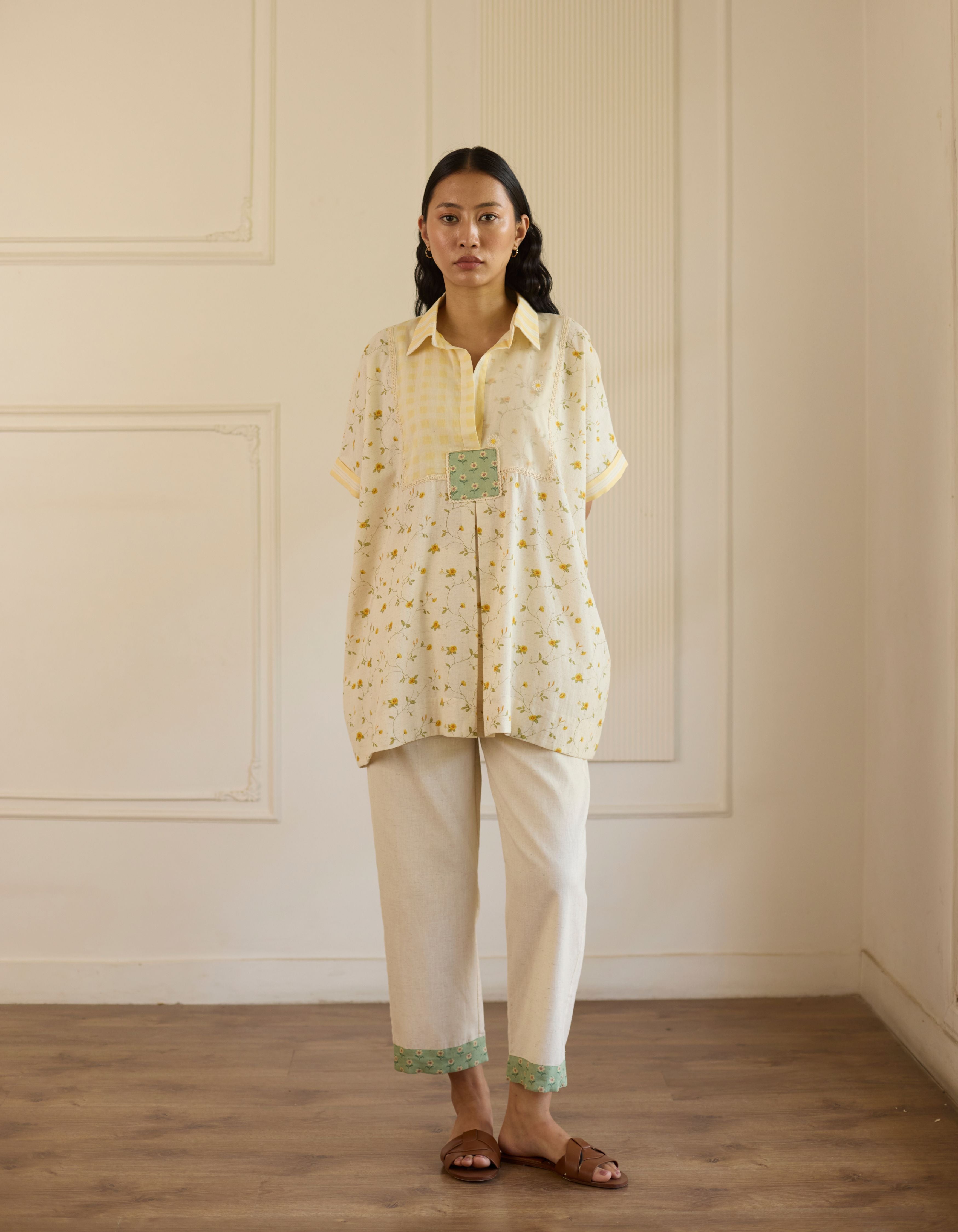 White And Green Patchwork Yoke Kaftan Style Amelia Co-Ord Set