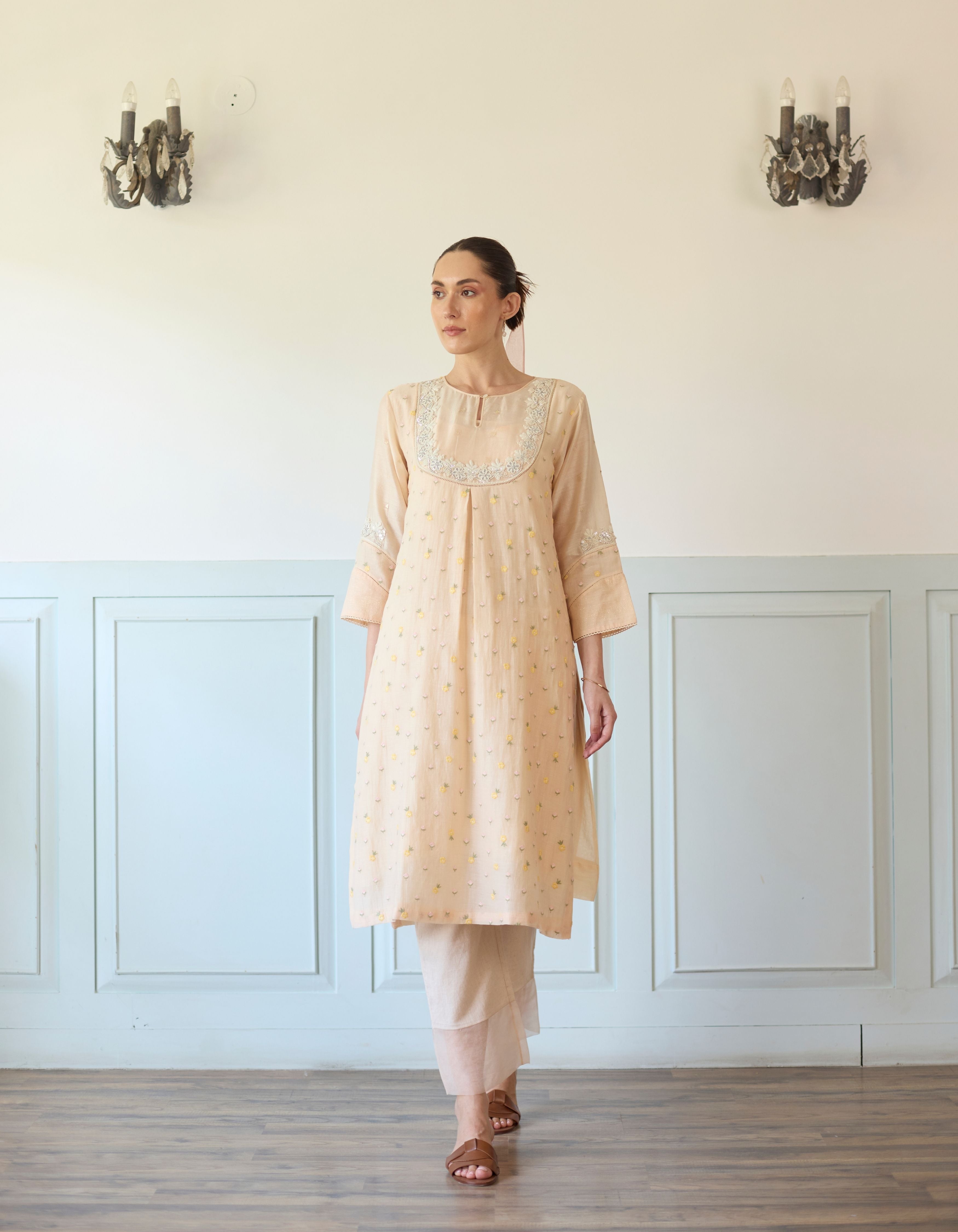 Peach Embroidered Yoke Amelia Kurta Set