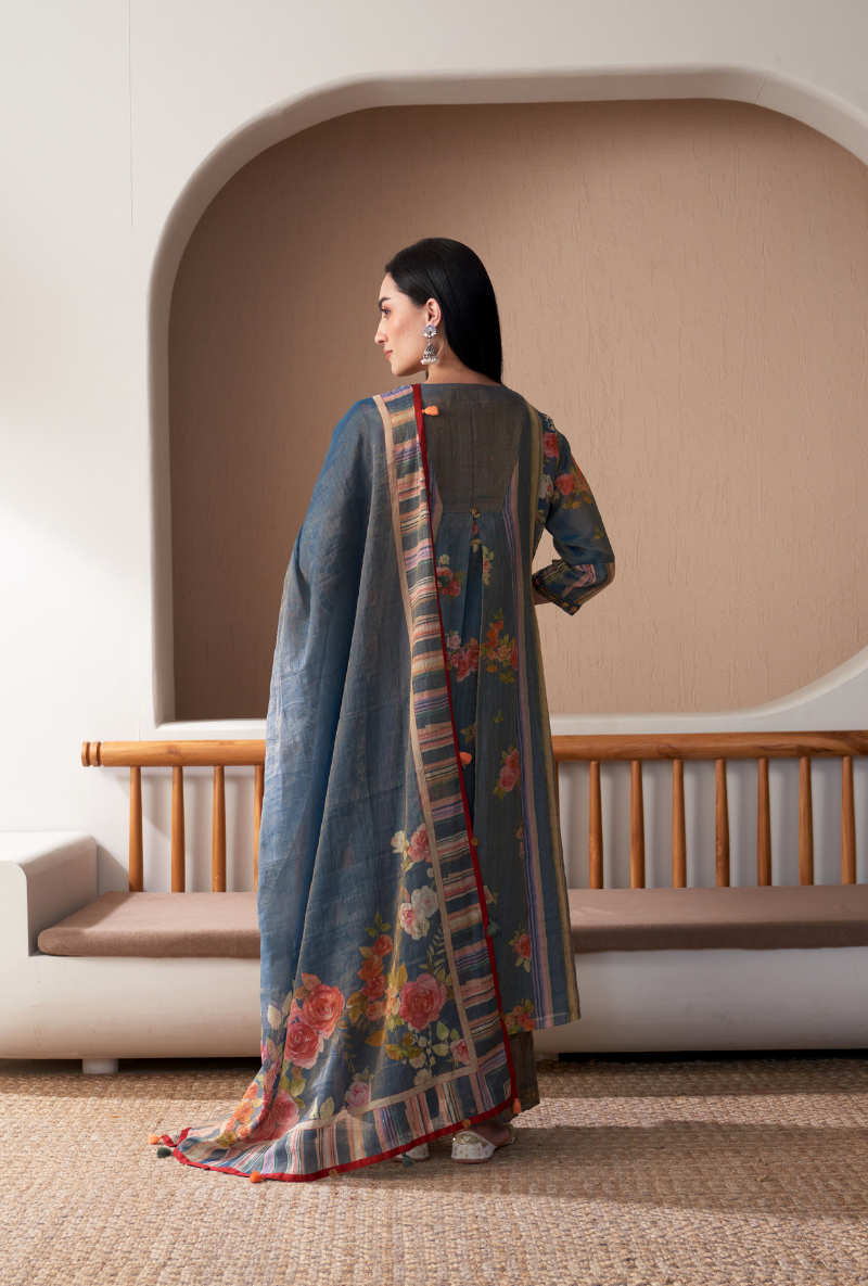 Blue Sequin Yoke Bageecha Anarkali Set