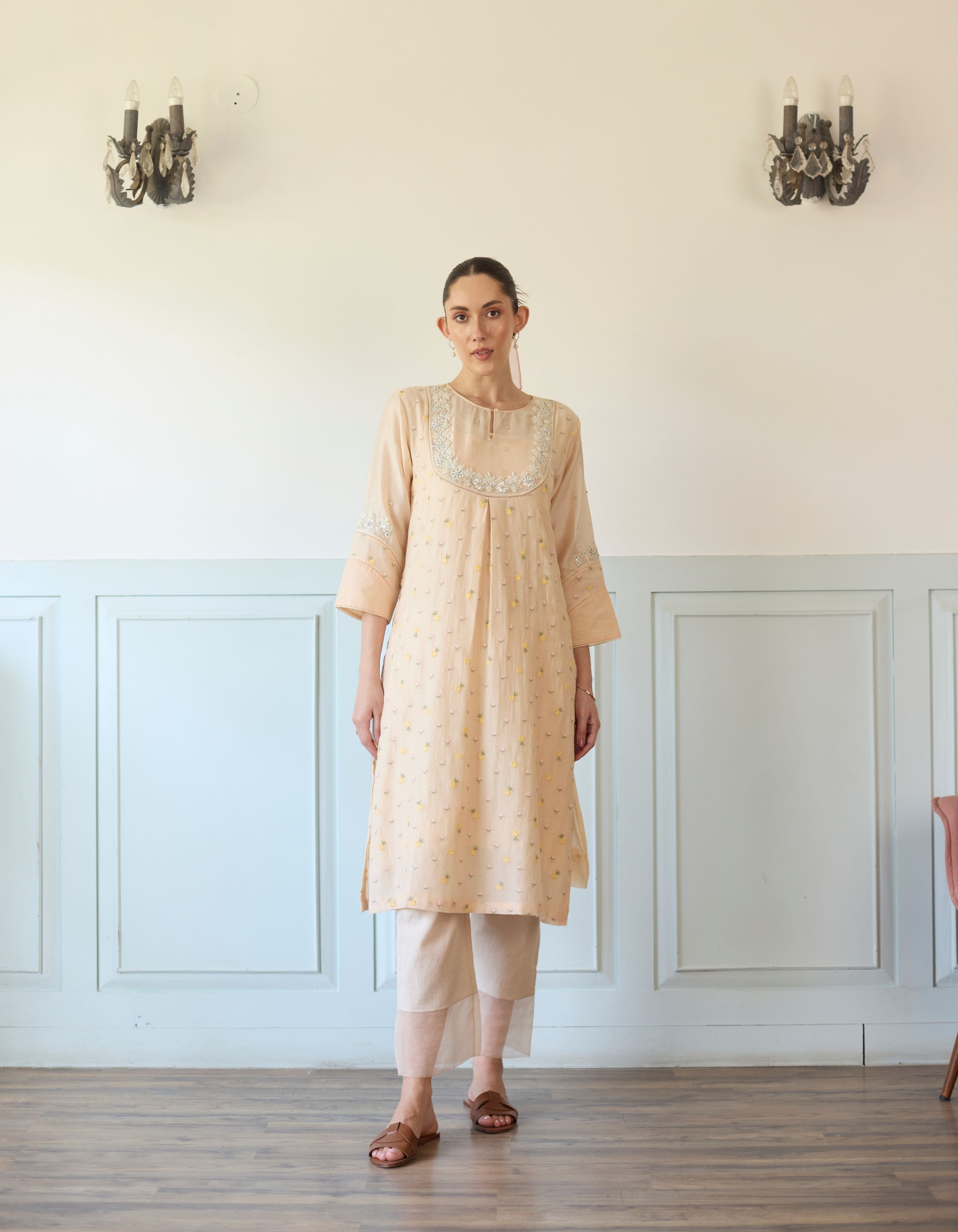 Peach Embroidered Yoke Amelia Kurta Set