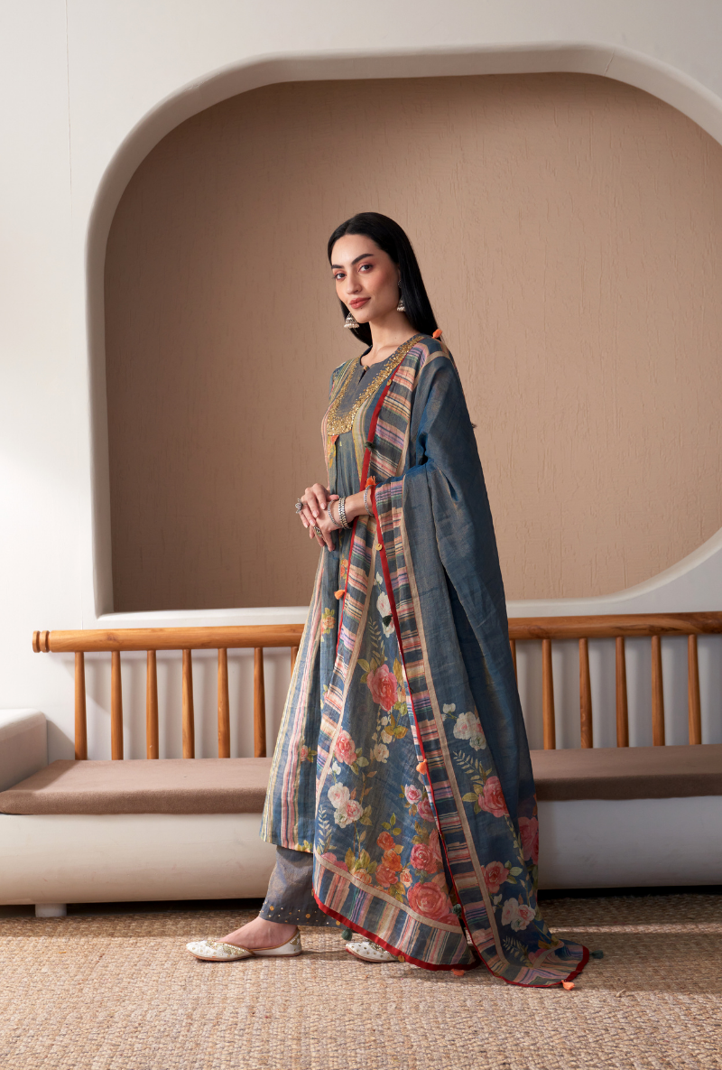 Blue Sequin Yoke Bageecha Anarkali Set