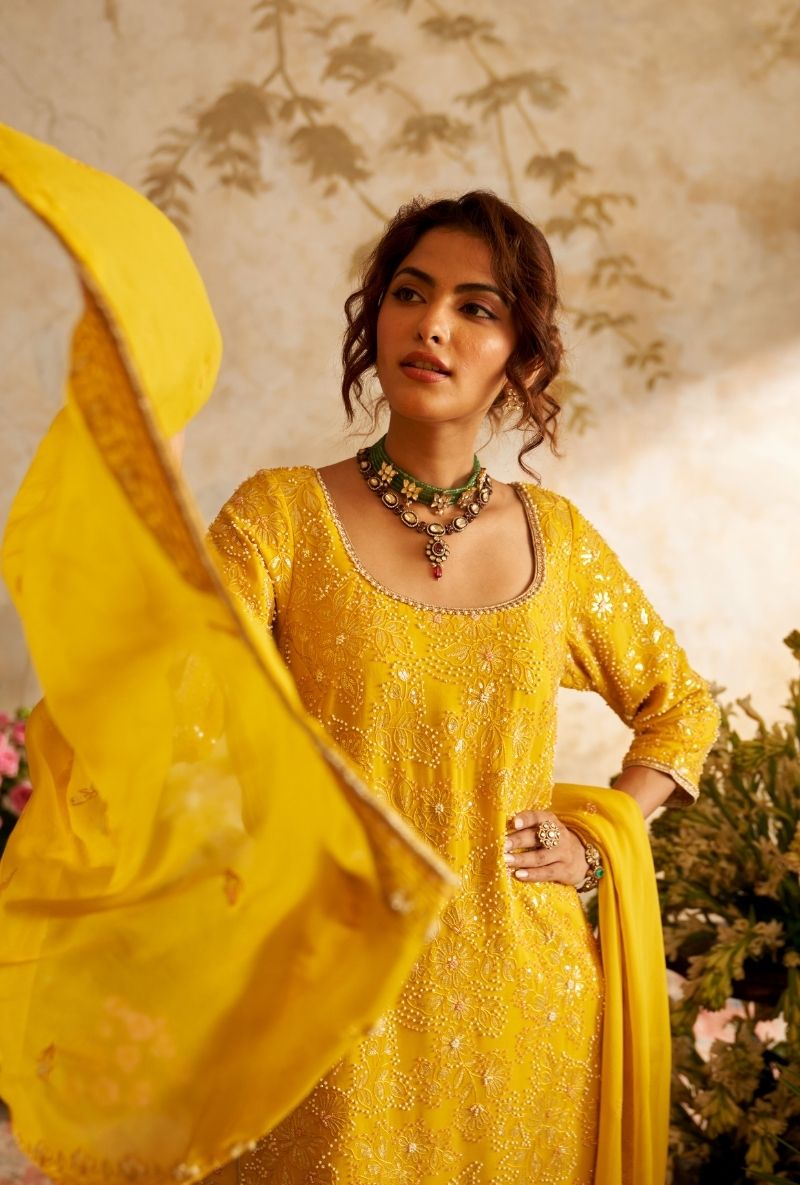 Mustard Pearl Embroidery Rumi Gharara Set