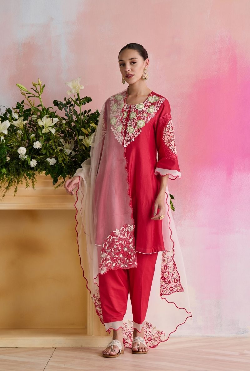 Raspberry Pink Embroidered Heavy Yoke Amara Kurta Set
