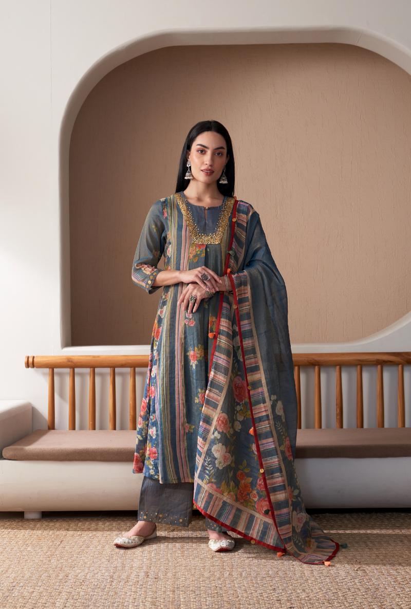 Blue Sequin Yoke Bageecha Anarkali Set