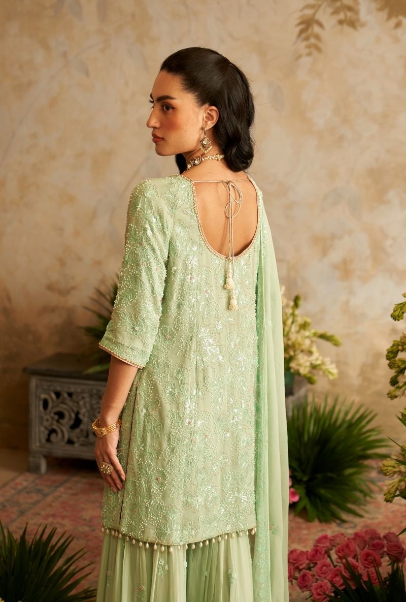 Mint Green Pearl Embroidery Rumi Gharara Set
