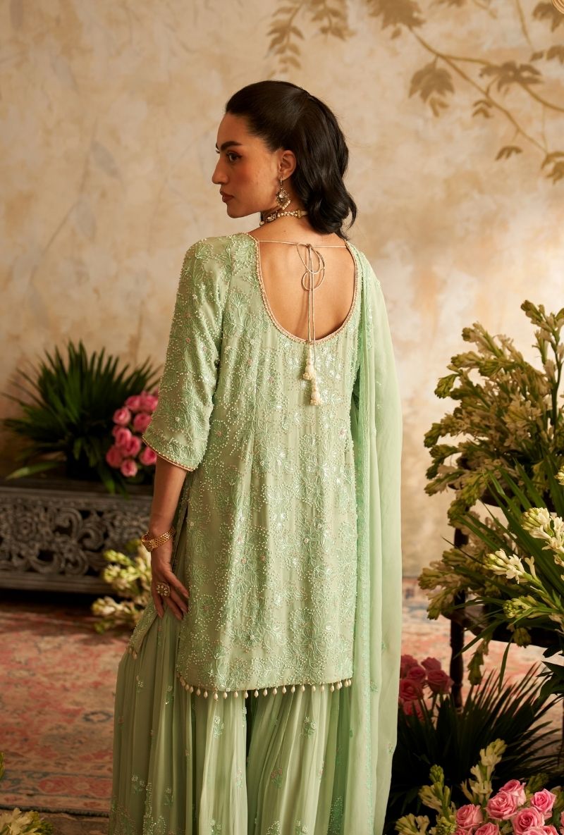 Mint Green Pearl Embroidery Rumi Gharara Set