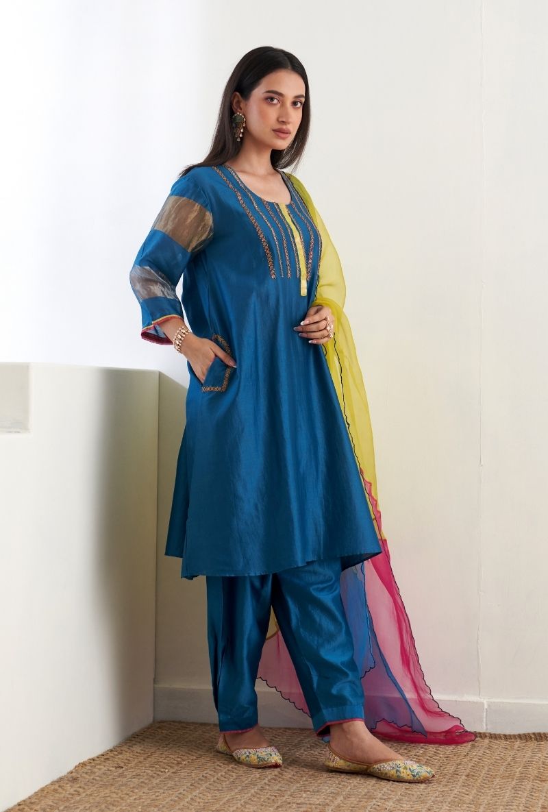 Teal Blue French Knot Sequin Ruhi 2.0 Salwar Set