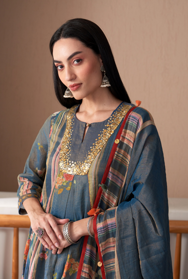 Blue Sequin Yoke Bageecha Anarkali Set