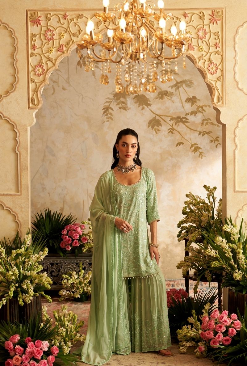 Mint Green Pearl Embroidery Rumi Gharara Set