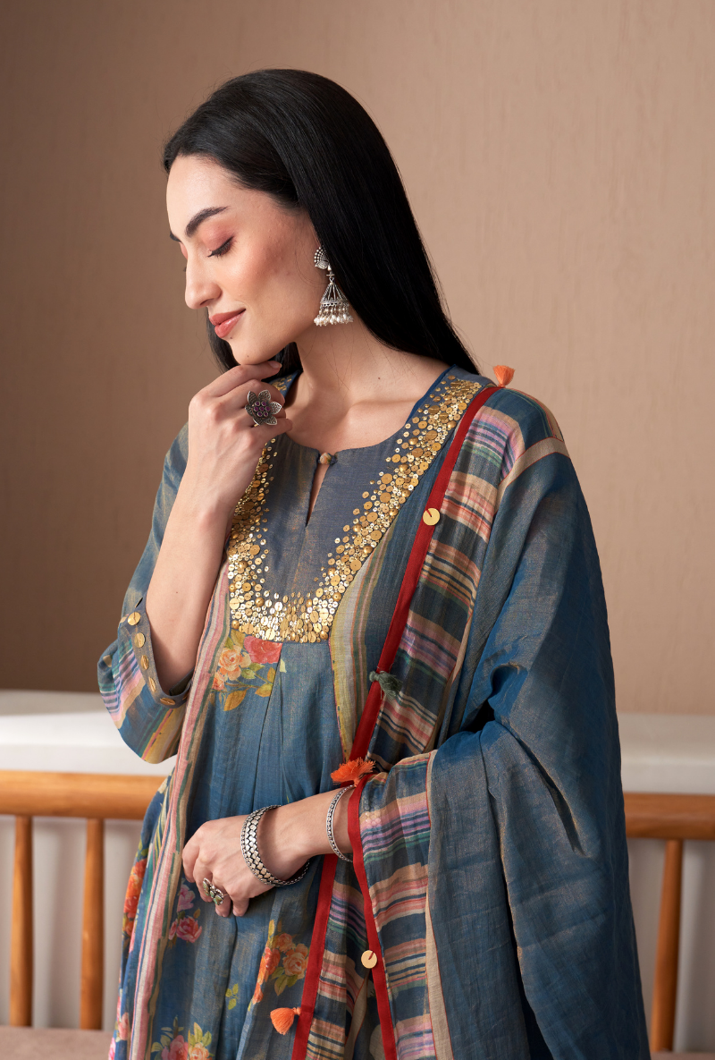 Blue Sequin Yoke Bageecha Anarkali Set