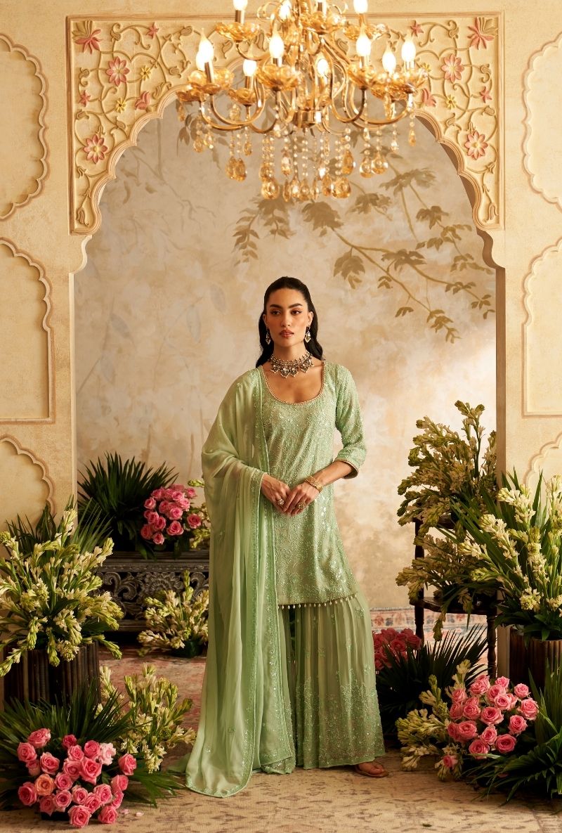 Mint Green Pearl Embroidery Rumi Gharara Set