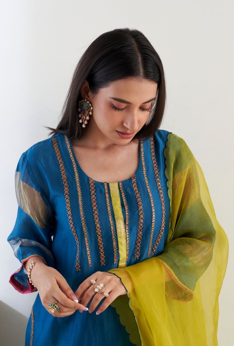 Teal Blue French Knot Sequin Ruhi 2.0 Salwar Set
