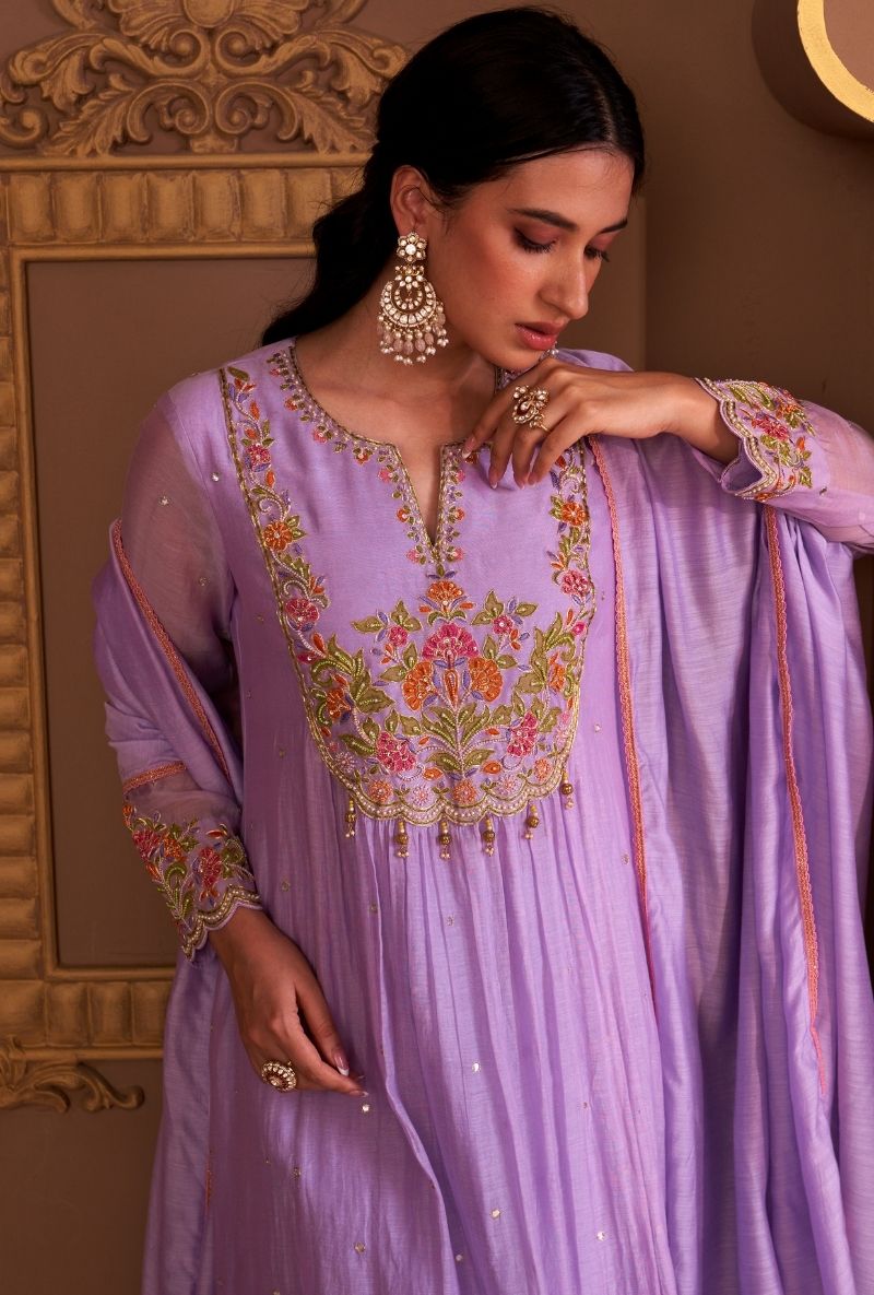 Lilac Resham Front Pleat Rasia Kurta Set