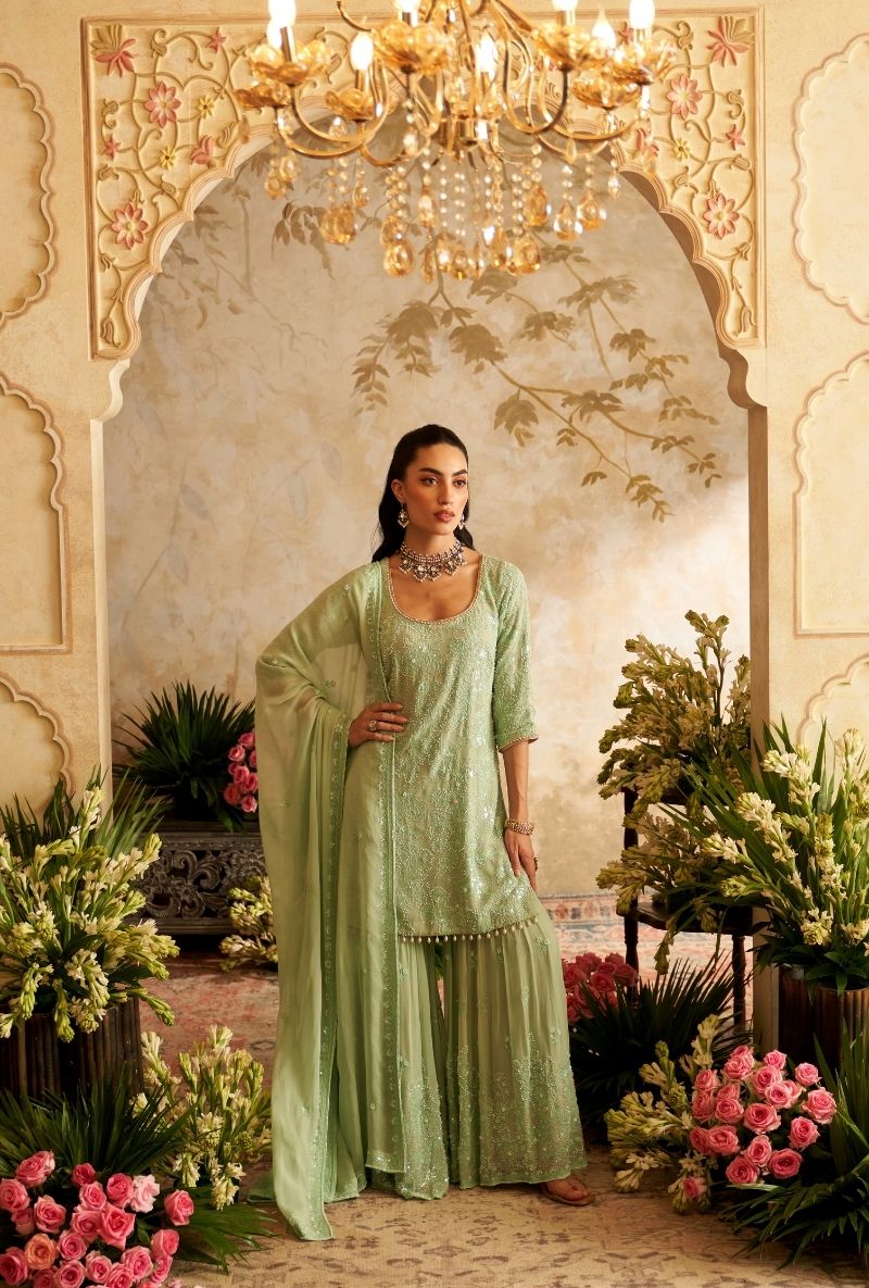 Mint Green Pearl Embroidery Rumi Gharara Set