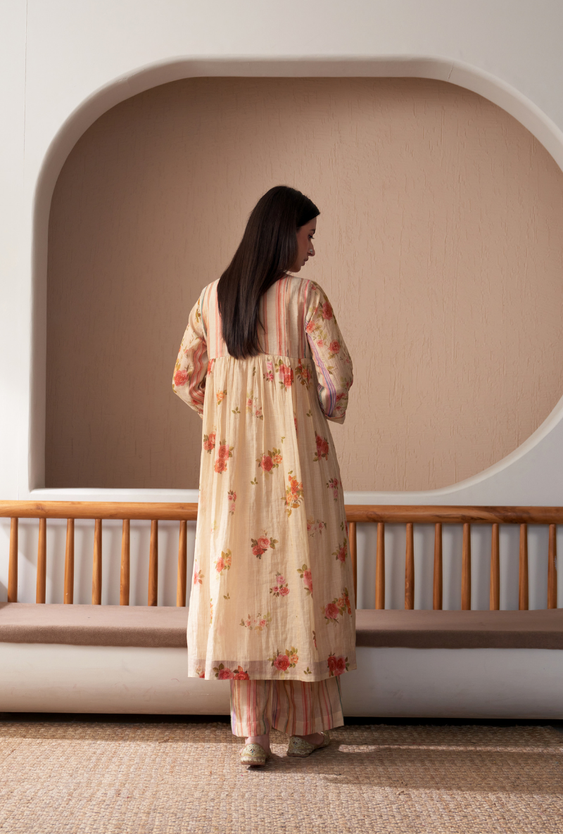 Beige Stripe Yoke Full Chunat Bageecha Kurta Set