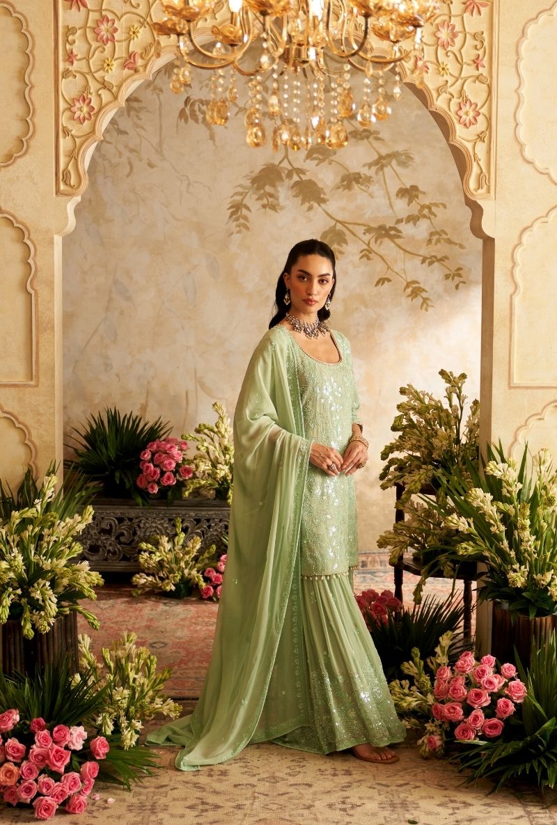 Mint Green Pearl Embroidery Rumi Gharara Set