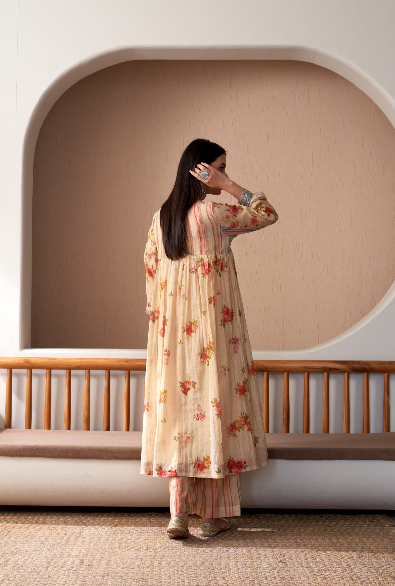 Beige Stripe Yoke Full Chunat Bageecha Kurta Set