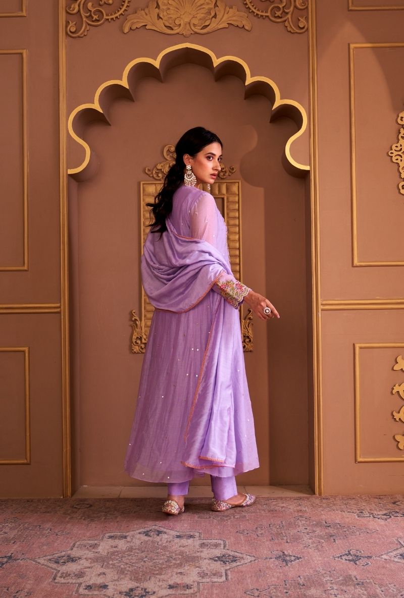 Lilac Resham Front Pleat Rasia Kurta Set