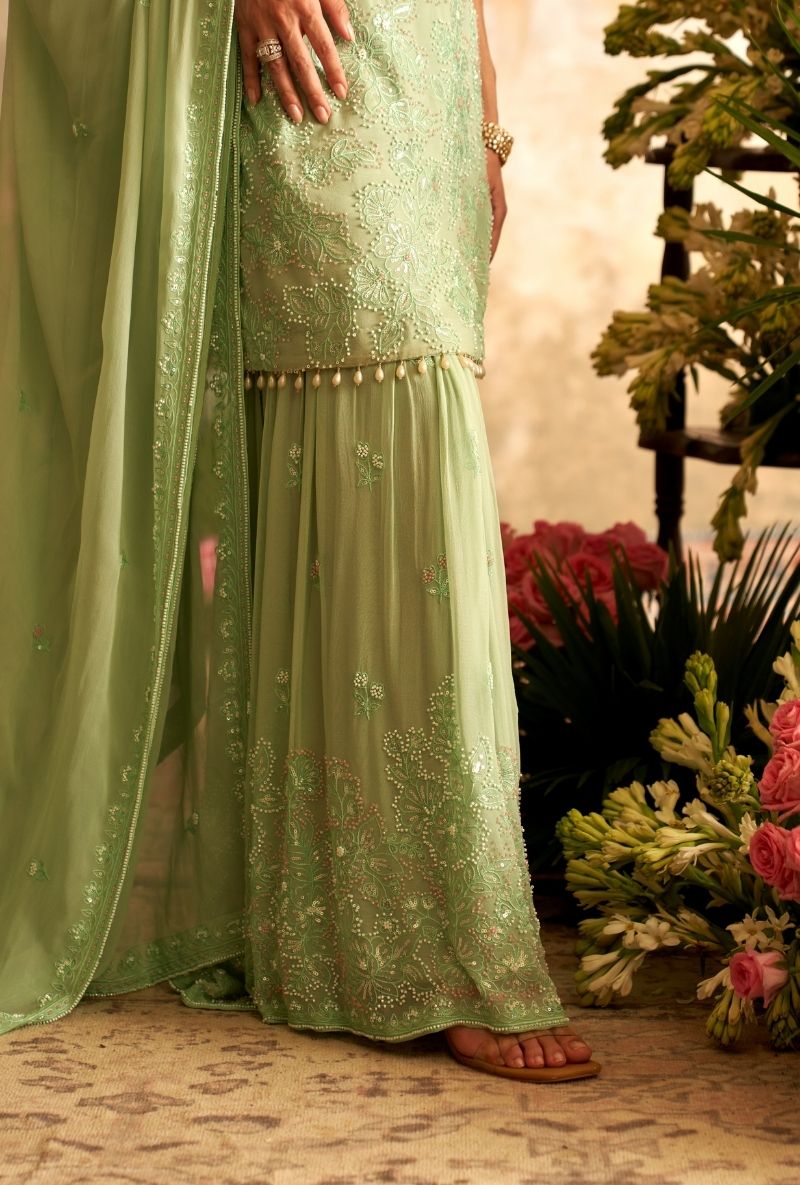 Mint Green Pearl Embroidery Rumi Gharara Set